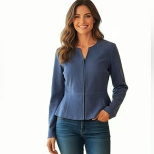 ELLEN FIGG Faux Suede Zip-Front Blazer Top. Dusty Blue. Size 6 Made in USA